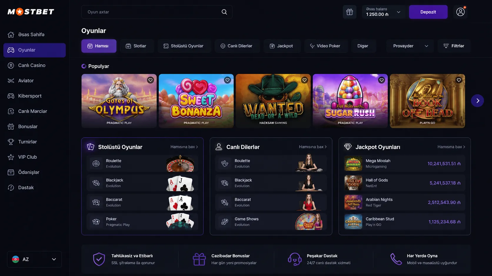 Mostbet-də slot, kart oyunları və canlı diler masaları