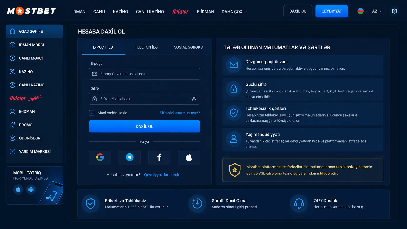 Mosbet giris üçün tələb olunan məlumatlar — Mostbet giriş